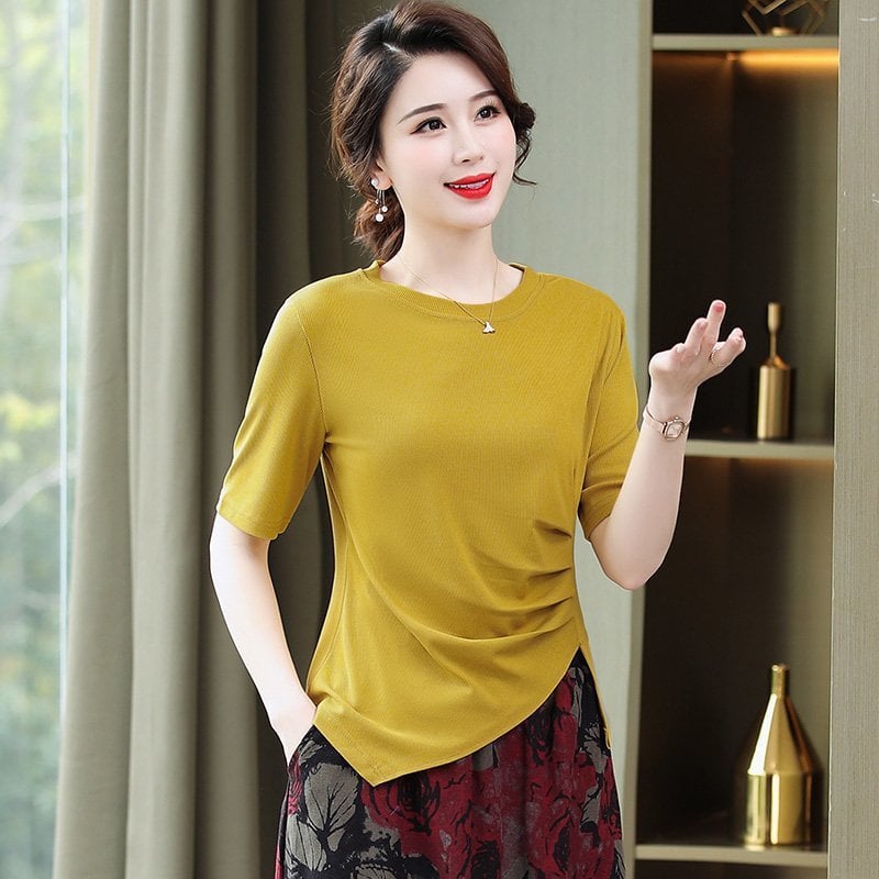 2024 Summer New Irregular Split Hem T-Shirt Tops